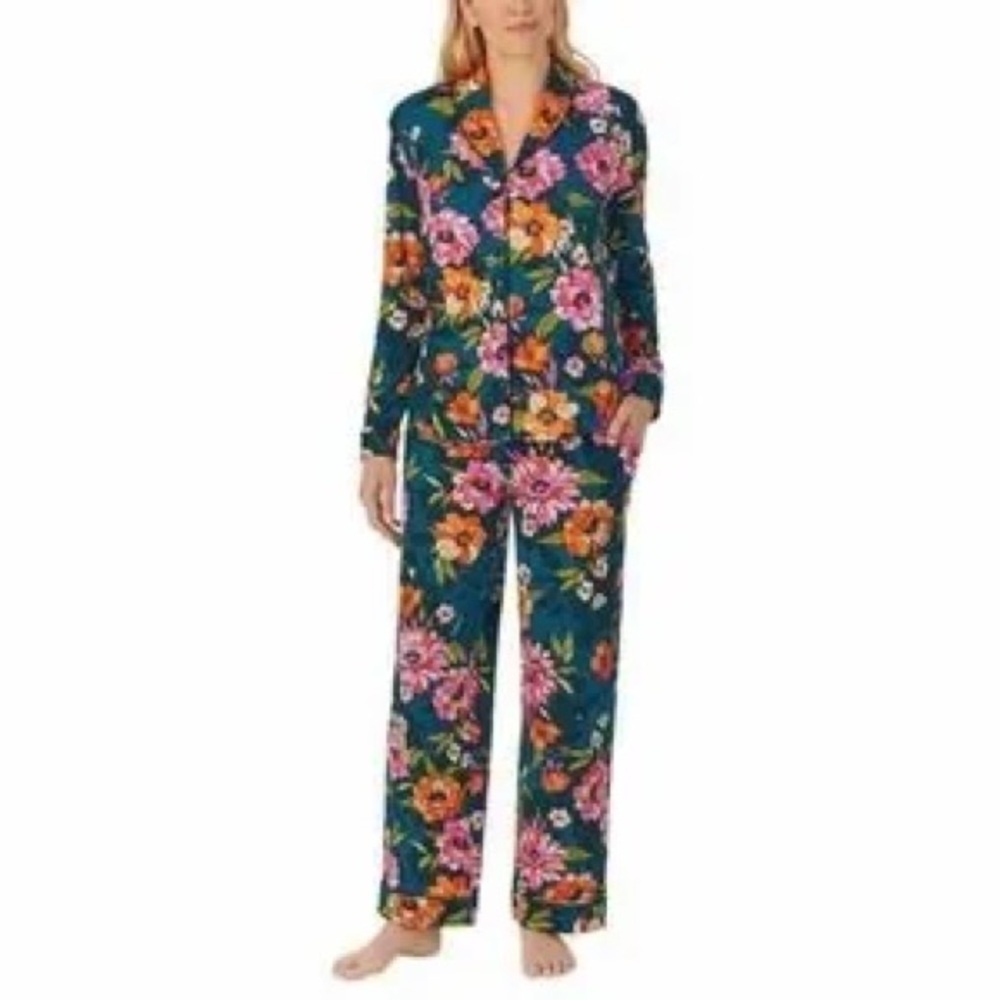 Room Service Floral Pajama Set Teal Pink Button Front Sleepwear Women